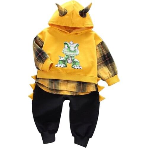 Baby boy clothes spring and autumn cotton suit sweater suit boy cute cartoon dinosaur plaid hooded sweater boy two-piece suit