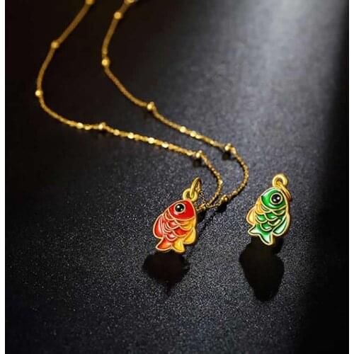 Really 24K Yellow Gold Pendant 999 Gold Fish Colourful Two-sided Necklace Pendant 1.23g
