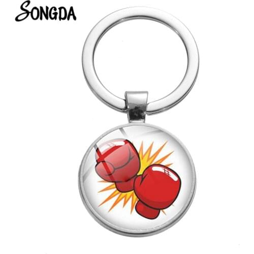 Personality Boxing Gloves Keychain Fashion Pendant Boxing Sports Lovers Collected Glass Dome High Grade Key Ring for Men