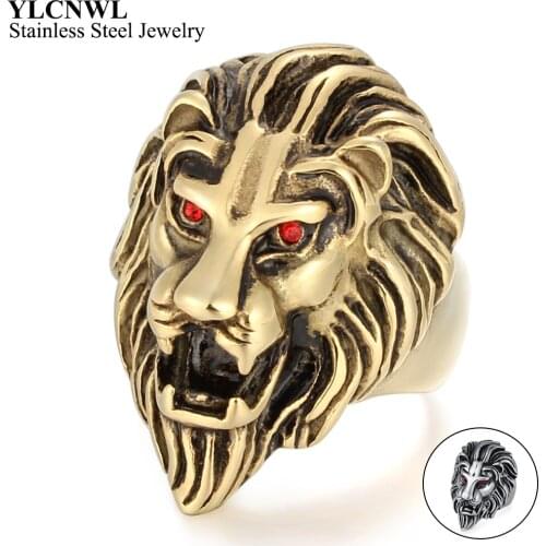 316L Stainless Steel Gold Lion Head Rings For Men Red Rhinestone Eyes Punk Biker Male Animal Jewelry Birthday Gift