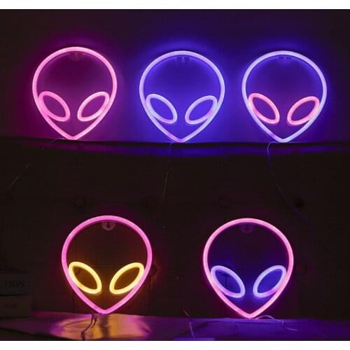 Neon Sign Alien Face Shaped Wall Hanging Lights for Home Childrens Room Saucerman Night Lamps Xmas Party Holiday Art Decoration
