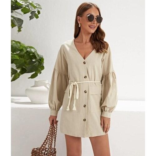 New Womens Dress Casual V Neck Buttons Single-Breasted Belt Casual Long Lantern Sleeves Mini Dress Autumn Female Vestidos Robe