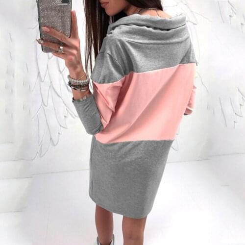 Autumn Women Turtleneck Sexy Dress Pink and Gray Patchwork Fashion Full Sleeve Casual Female Bodycon Vestidos