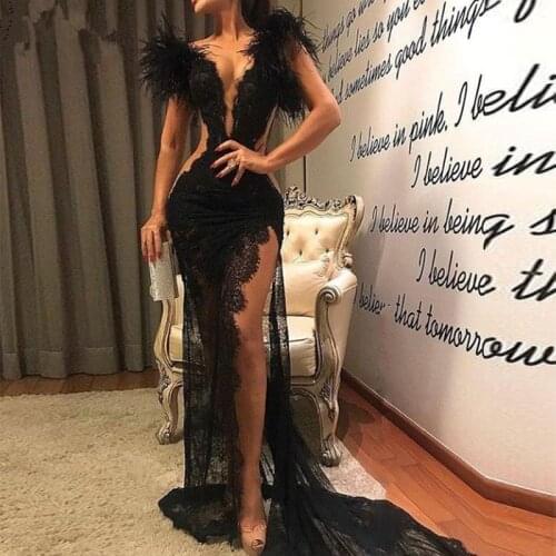 See Through Prom Dresses Mermaid Deep V-neck Lace Feather Black Slit Sexy Long Prom Gown Evening Dresses Robe De Soiree