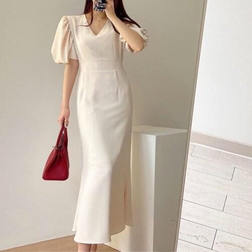 Solid Elegant Dress Women French Chic Korean One-piece Dress Female Slim V-neck Designer Party Evening Long Dress 2021 Summer