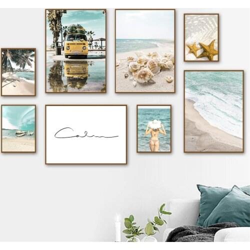 Beach Waves Girl Landscape Wall Art Canvas Painting Palm Tree Starfish Travel Car Poster Nordic Print Wall Pictures Home Decor