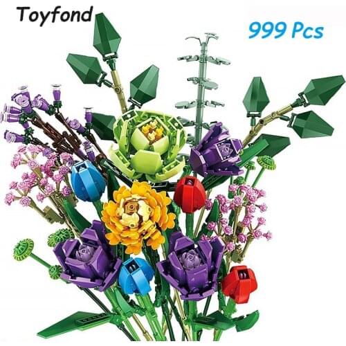 Creator Ideas Flowers Bouquet 999Pcs Building Blocks Moc Romantic Rose Flower Bricks DIY Toys for Girl Birthday Gift Home Decor
