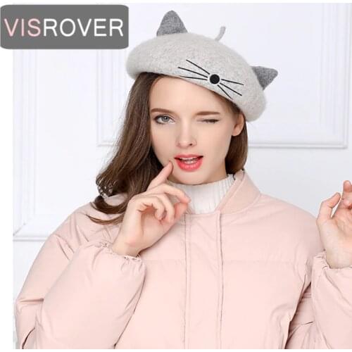 VISROVER 2019 new woman wool winter beret female cute cat wool cap autumn winter hat solid top quality Women Boina wholesales