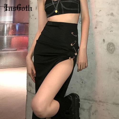 InsGoth Streetwear Pin Black Skirt Goth Punk Buckle High Waist Slit Skirt Harajuku Grunge Kpop Sexy Hollow Out Midi Skirt Women