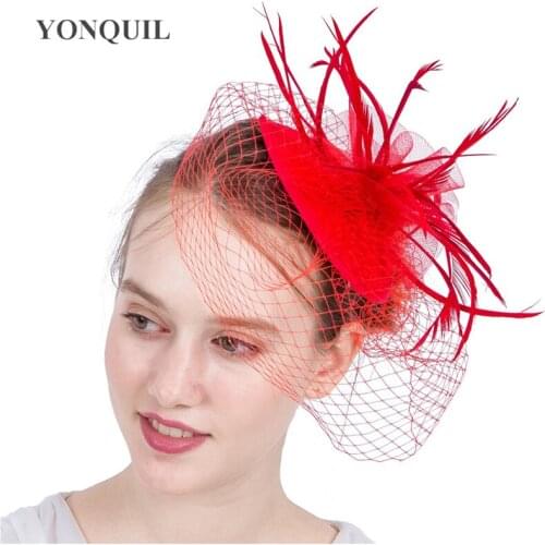 Women Summer Hats Brand Hats Mesh Veils Hair Accessories Red Feather Fascinator Races Holiday Birthday Bridal Headwear SYF195