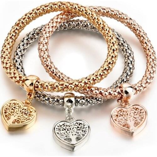 SZELAM 3pcs Heart Tree Bracelet Hollow Out Rhinestone Gold Rose Gold Silver Mix Color Charm Bracelets For Woman SBR170118