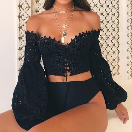 Women Off Shoulder long Sleeve Tops Hollow Lace Loose Blouse Tops T-shirt Tunique ropa mujer sexy Low-cut bodycon crop top