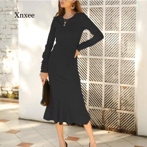 Spring and Autumn Womens O-Neck Fashion Knitted Long Sleeve Long Elegant Dress Warm Casual Sweater Dress Sexy New