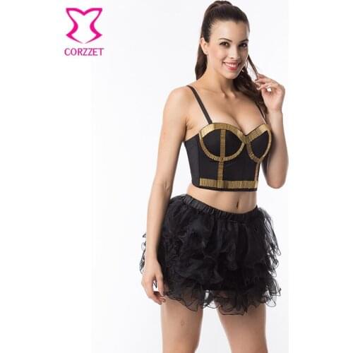 Corzzet Punk Black Cotton Gold Beading Strapless Steapumk Push Up Bras Costume Dance Bra Women Bralett Top Plus Size Bra