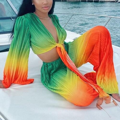 Long Sleeve Rainbow Sexy Lace Up Crop Top Printed Casual Pants Ruched Two Piece Set Womens Vintage Striped Matching Sets Autumn