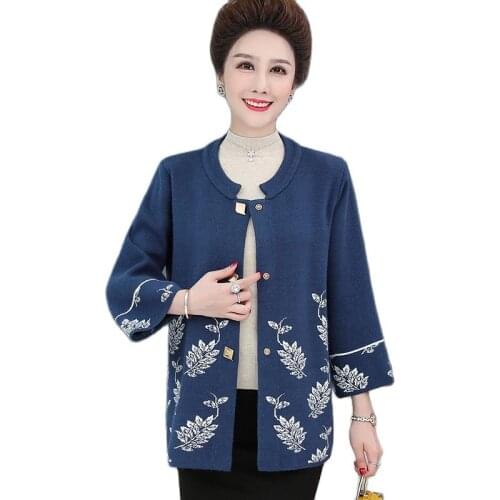 Middle Aged Mother O-neck Jacquard Knit Cardigan Spring Autumn Nine Quarter Sleeve Casual Sweater Jacket Women Knitted Coat 2428