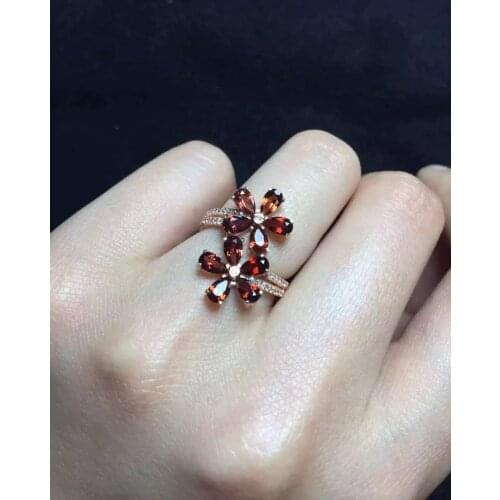 Luxurious Elegant big Flower Natural red garnet gem Ring S925 Silver Natural Gemstone forefinger Ring Womens party gift Jewelry