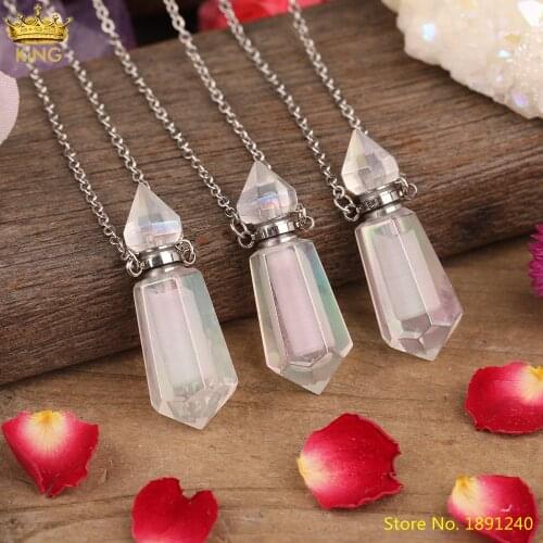 Natural Aura White Qaurtz Hexagonal Healing Perfume Bottle Necklace Women Rainbow Crystal Point Pendant Diffuser Jewelry Gift