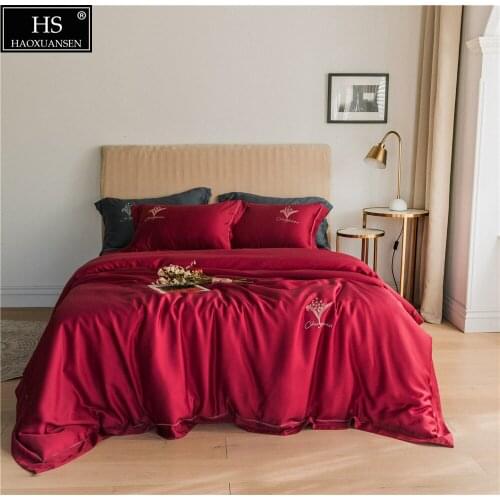 Coquettish Wine Red 4Piece Bedding Sets Tencel Lyocell Silky Soft Pillowcase Duvet Cover Bed Sheet Delicate Hot Drilling Orchid