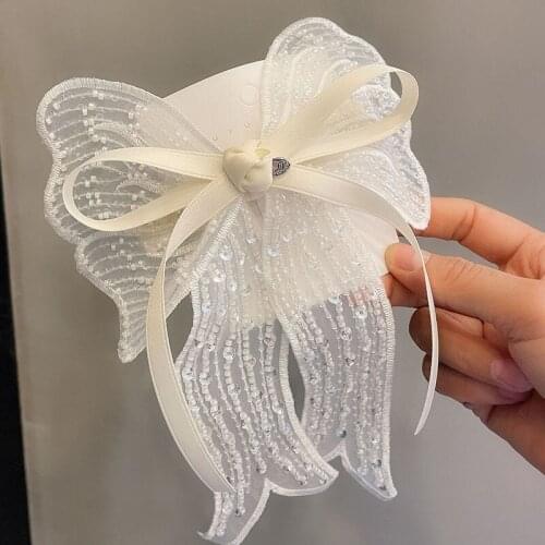 Lace Ribbon Large Bow Bow Hair Clip Embroidered Flower Bead Decoration Hairpin for Women Girls Hairgrip Headpiece Luxury Jewelry