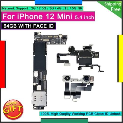 For IPhone 12 mini 64GB Unlocked Motherboard Factory Original Mainboard WITH FACE ID Good Working Logic Board Free iCloud Plate