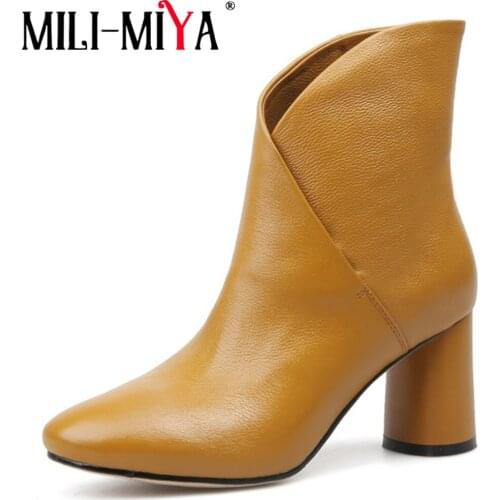 MILI-MIYA New Fashion Ankle Women Boot Full Genuine Leather 8 Cm Thick Heel Round Toe Slip-On High Quality Ladies Shoes