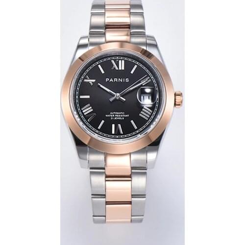 Parnis 39.5mm Black Dial Automatic Mechanical Mens Watches Calendar Miyota 8215 Movement Rose Gold Bezel Men Watch 2020 Clock
