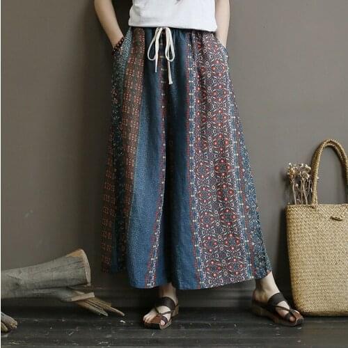 1892 New Retro All-Match Elastic Waist Drawstring Loose Wide-Leg Pants Ramie Print Autumn Womens Culottes Pantskirt