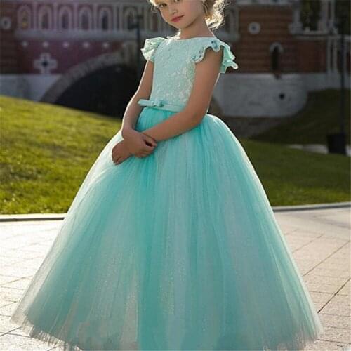 Flower Girl Dress Kids Pageant Birthday Formal Party Lace Long Dress Bowknot First Communion Dress Prom Gown 2-14Y