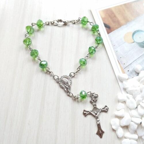 QIGO Green Crystal Rosary Braclet For Men Women Catohlic Cross Religious Jewelry