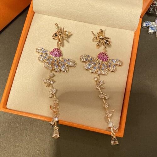 Retro Color Colorful Earrings Butterfly Bee AAA Zircon Tassel Crystal Exquisite Fashion Long Luxurious Jewelry For Women Pink