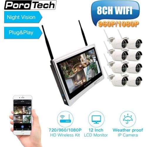12" LCD Screen 8CH WIFI NVR Kits Security Wireless Camera System 960P 1080P 2.0MP IR Outdoor IP Camera Video Surveillance Kits