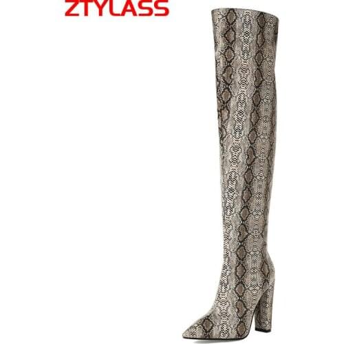 Stretch Snake Women Over The Knee Boots Fashion Square High Heel Knee High Boots Slip On Autumn Winter Long Boots