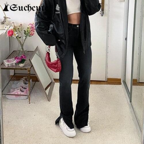 SUCHCUTE Streetwear Split Jeans Pants For Women Summer High Waist Slim Denim Trousers Harajuku Korean Casual Basic Outfits