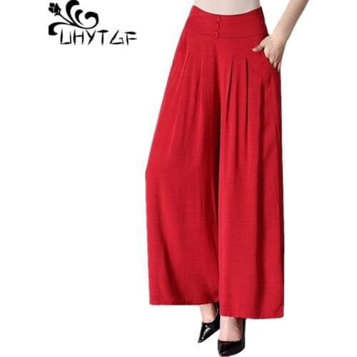 UHYTGF Womens summer trousers fashion cotton linen comfortable thin wide leg pants temperament high waist plus size pants 1104