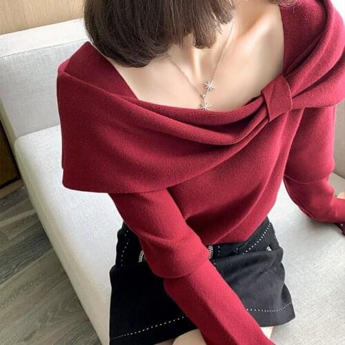 Harteen Women Clothing Autumn Winter Design Sense Vintage Elegant Temperament Square Neck Long Sleeve Knit Sweater Pullover