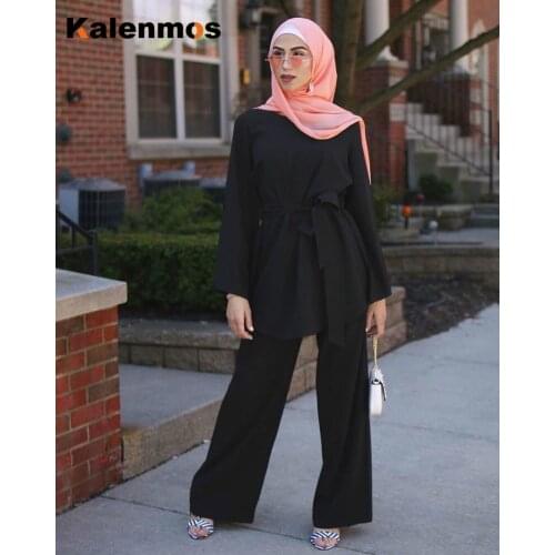 Ramadan Eid Muslim Dress Women 2pecs Set Blouse Wide Leg Pants Dubai Abaya Lace-up Solid Ropa Kaftan UAE Islamic Turkey African