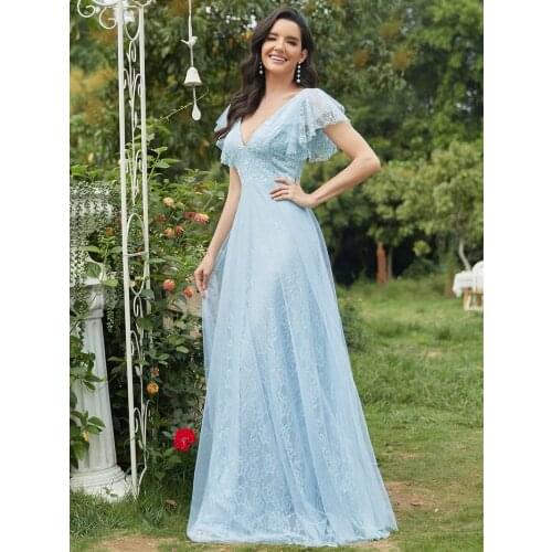 Double V-Neck Floor Length Wholesale Dresses with Short Sleeve