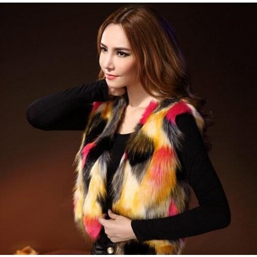 2020 Winter New Woman Sleeveless Short Jackets Fashion Match Color Faux Fox Fur Vest Slim Fit Woman Furry Coats Plus Size S-3XL