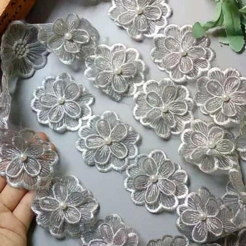 2 Yard Gray 5CM Pearl Flower DIY Soluble Wedding Lace Trim Knitting Embroidered Handmade Patchwork Ribbon Sewing Supplies Craft