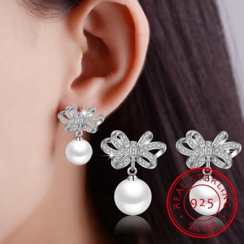 925 Sterling Silver Jewelry Shiny CZ Zirconia Bowknot Pearl Stud Earrings pendientes boucles d'oreilles oorbellen S-E351