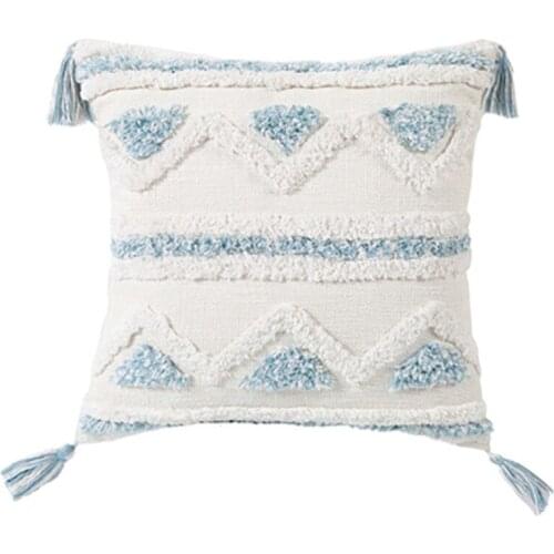 Bohemian Macrame Tufted Tassel Long Throw Pillow Case Blue Beige Textured Fringe Tribal Decorative Cushion Cover for Sofa Couch