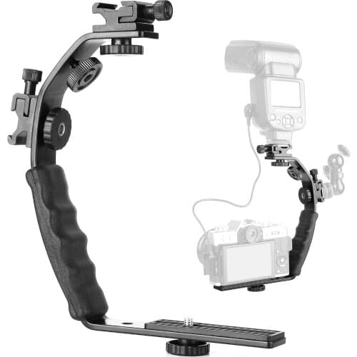 C Shape Aluminum Bracket with Cold Shoe Adaptor for Microphones and LED Flash Stabilizer for Canon Samsung DSLR SLR DV Cameras