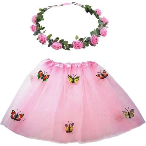 Chilren Princess Girl Skirt Tulle Tutu Flower Wreath Headband Carnival Wedding Carnival Hawaii Party Ball Birthday Gift 2-7Year