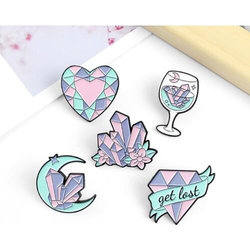 Sweet Lovely Pink Purple Love Crystal Alloy Brooch Simple Creative Flower Moon Wine Glass Enamel Badge Jewelry Childrens Gift