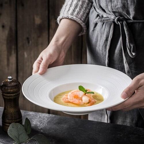 FANCITY Nordic simple brushed pattern 10 inch straw hat plate creative western restaurant deep soup plate pasta set tableware