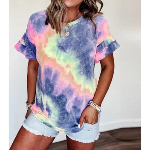 Tie-Dyed Short Sleeve T-shirt Tops Women Fashion O-neck Loose Gradient Multicolor Rainbow Printing Clothes camiseta mujer