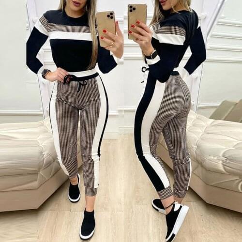 Imcute Fashion Women Sets Short Sleeve Tops High Waist Pants 2 Piece Sets Outfits Black Pattern Stitching Long Pants Sets Suit