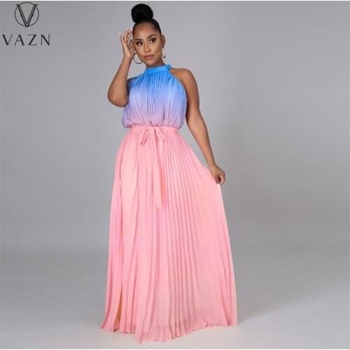 VAZN 2021 fashion hot sale women street girl style dresses sleeveless round neck dresses dew back floor-length dresses