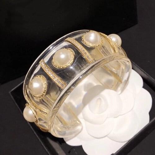 Fashion Design Resin Pearls Big Bangle Cuff Bracelet Hot Brand Copper Jewelry
